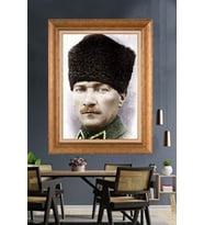 Altın Varaklı Çerçeveli Paspartulu Atatürk Tablo nh17 (Gold)