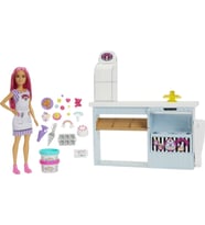 Barbie Pasta Dükkanı Oyun Seti ve pembe saçlı, minyon 30 cm bebek,