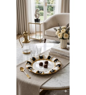 LÜKS YUVARLAK SUNUMLUK SİYAH-BEYAZ GOLD DETAYLI (28 CM)