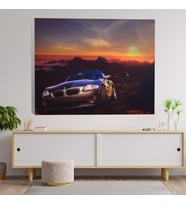 Gün Batımı Deniz Manzaralı Bmw Araba Dekoratif Kanvas Tablo