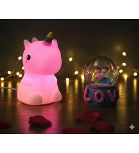 2 li Sevgiliye Romantik Hediye Seti Unicorn Çok Renkli LED Gece Lambası ve 9 Cm LOVE Kar Küresi Seti