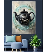 Tea Time Yazılı Siyah Demlik Dekoratif Kanvas - Mdf Ahşap Tablo