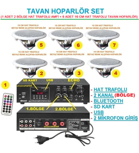 Tavan Hoparlör Seti (1 Adet Hat Trafolu 2 BÖLGE Amfi + 6 Adet 16 cm Hat Tafolu Tavan Hoparlör