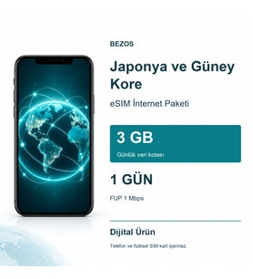 Japonya ve Güney Kore eSIM İnternet Paketi Günlük 3 GB 1 Gün - FUP 1 Mbps