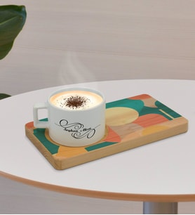 BK Gift Kişiye Özel Modern Art Tasarımlı Doğal Ahşap Tabaklı Seramik Fincan Sunum Seti  Model 10