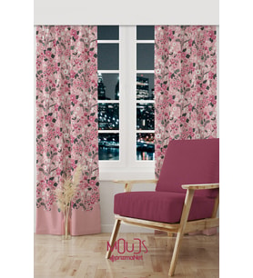 Pembe Çiçek Desenli Süet Oturma Odası Salon Fon Perde Baskılı Ekstrafor Büzgü 2 Kanat PRD-1022
