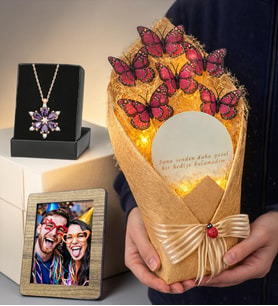 Fotoğraflı Premium Hediye Led Işıklı Aynalı Kelebek Buketi ve Gerçek Ametist Taşlı Lotus Kolye (Pembe)