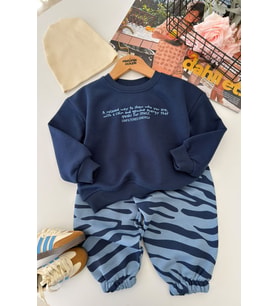 Yazı Baskılı Sweatshirt ve Kamuflaj Desenli Erkek Çocuk 2’li Takım - Mavi