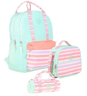 Kaukko Double Stripe Kız Çocuk İlkokul Üçlü Okul Çantası Seti - Su Yeşili Pembe - Çizgi Desenli