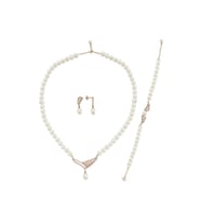 Yaprak Taşlı Doğal İnci Küpe Kolye Bileklik Üçlü Set (Rose)