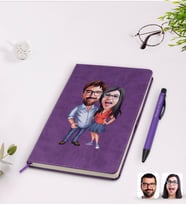 BK Gift Kişiye Özel Sevgililer Karikatürlü Mor Termo Deri Defter Kalem Seti Model 105