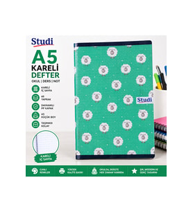 A5 Kareli Defter 60 Yaprak – Yeşil kuzu Desenli PP Kapaklı Okul ve Ders Defteri