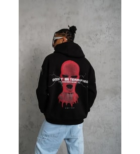Erkek Maske Baskılı Kapüşonlu Sweat - Siyah