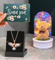 Renkli Led Işıklı Fanus ve Renkli Zümrüdü Anka Kuşu Kolye (Model 4)