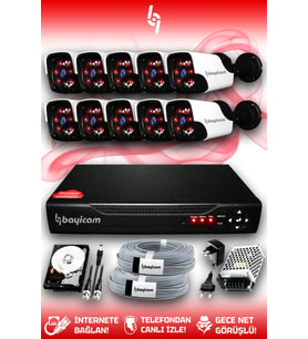 BAYICAM 10 Kameralı Panda 10 Dış Kamera Set 2 TB HDD Full HD Gece Görüşlü Güvenlik Kamerası Sistemi