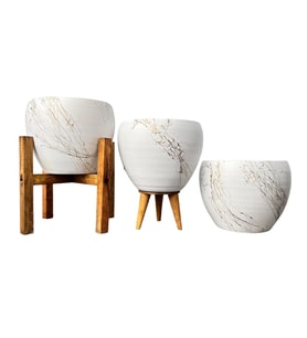 Bitki Tasarımı Beyaz Üzeri Gold Mermer Efektli Toprak Saksı Saksılık Salon Çiçeklik Üçlü Set - 15 Cm
