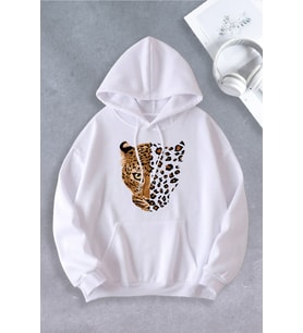 Unisex Kadın Erkek Leopar Oversize Sweatshirt (Beyaz)