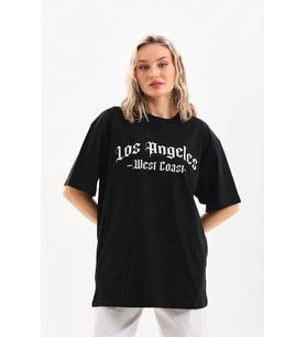 Kadın Baskılı Tişört Kısa Kol Bisiklet Yaka Oversize T-Shirt - Siyah