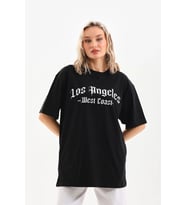 Kadın Baskılı Tişört Kısa Kol Bisiklet Yaka Oversize T-Shirt - Siyah