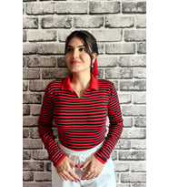 Kırmızı Renk İnce Çizgi Detaylı Polo Yaka Standart Beden Kadın Kazak