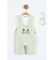 Tavşan Nakışlı Kız Bebe İkili Salopet Set (A.Yeşil)