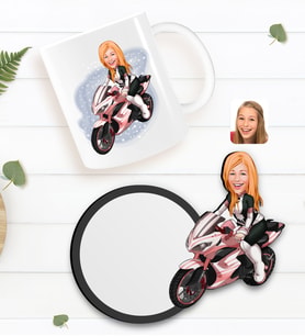 BK Gift Kişiye Özel Kadın Motorcu Karikatürlü Beyaz Kupa ve Ahşap Bardak Altlığı Hediye Seti-2