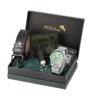 Polo Air Erkek Kemer Cüzdan Kartlık Anahtarlık Kol Saati Hediyelik Kutusunda Yeşil Set PL-0969E4 (Açık Yeşil-Gümüş)