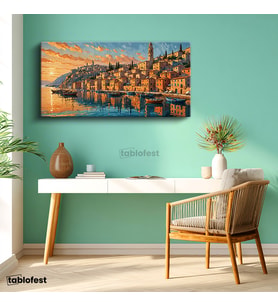 Yatay Panoramik Kanvas Tablo İtalyan Sahil Kasabası Manzara Tablosu Ev Ofis Duvar Dekoru