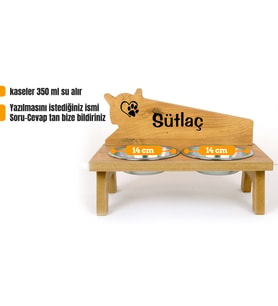 RealWood Ahşap Çelik Kâseli Özel İsim Baskılı Kedi-Köpek Mama Ve Su Kabı (Kızıl Meşe)