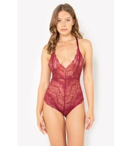 Miorre Ayarlanabilir Çapraz Askılı Dantel Bodysuit Babydoll (Bordo)