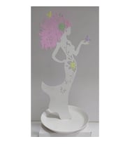 Metal Pembe Saçlı Beyaz Kelebek Tutan Kadın Kolyelik ve Yüzüklük 27,5X13cm