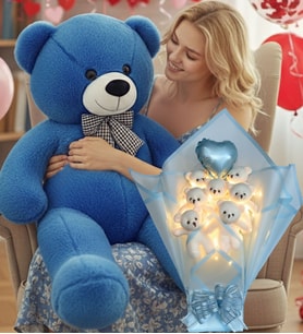 Sevgiliye Özel 90 cm Peluş Ayı ve LED’li Mavi Ayıcık Buketi Kalp Balonlu Sevgililer Günü Hediye Seti