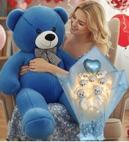 Sevgiliye Özel 90 cm Peluş Ayı ve LED’li Mavi Ayıcık Buketi Kalp Balonlu Sevgililer Günü Hediye Seti (Koyu Mavi)