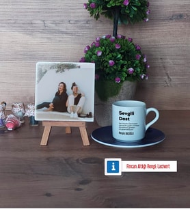 Arkadaşa Hediye Fotoğraflı Dekoratif Taş, Ahşap Altlıklı Türk Kahvesi Fincanı Hediye (Model 4)