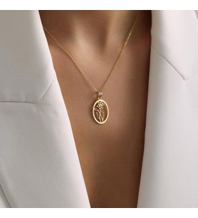 Kişiye Özel 925 Ayar Gümüş Zarif Oval Çerçeve Doğum Çiçeği Kolye (Gold)