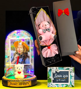 Size Özel Fotoğraflı İsimli Renkli Led Işıklı Fanus ve Kutusunda Pembe Ayıcık Buketi (Model 1)
