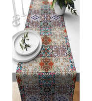 Çini Desenli Leke Tutmaz Kumaş Salon Mutfak Masa Değişik Ranır Modelleri Runner, Kahverengi 40 x 140