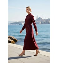 Kadın Elbise Gömlek A Kesim Yaka Uzun Kol Dokuma Kumaş Beli Lastikli Astarsız Düz Desen Maxi Boy
