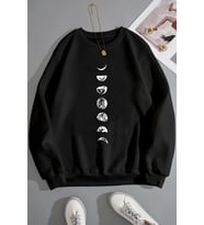 Unisex Moon Phases Bisiklet Yaka Sweatshirt (Siyah)