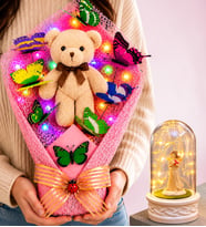 Renkli LED Işıklı Büyük Boy Peluş Ayıcık Buketi ve LED Işıklı Şans Melekli Fanus Sevgiliye Kadına Hediye