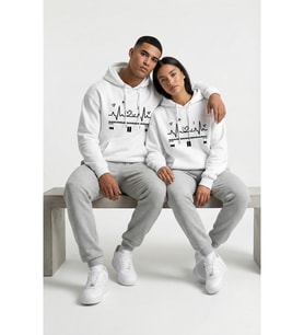 Nevermind Unisex Oversize Kalp Ritmi Baskılı Çift Hoodie (Beyaz)
