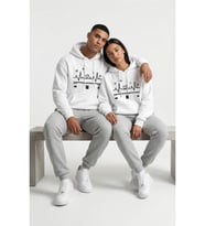 Nevermind Unisex Oversize Kalp Ritmi Baskılı Çift Hoodie (Beyaz)