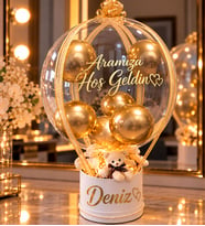 Kişiye Özel İsimli LED Işıklı Gold Balon Kutusu Ayıcık Buketi - Hoş Geldin Bebek Hediyesi Yenidoğan Babyshower Hediye