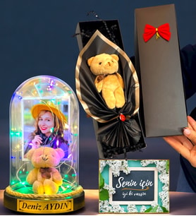 Kişiye Özel Renkli Led Işıklı Fanus ve Kutusunda Kahverengi Ayıcık Buketi (Model 9)