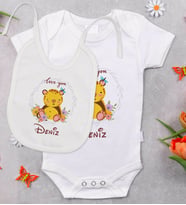BK Kids Kişiye Özel İsimli Bebek Body Zıbın ve Mama Önlüğü Hediye Seti - Model 15