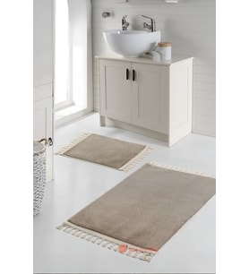 Simirna Ponpon Saçaklı Peluş Yıkanabilir Kaymaz Banyo Paspası 2'li Klozet Takımı Vizon