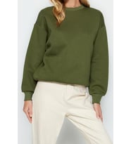 Regular Bisiklet Yaka Düşük Kol Regular Kalın İçi Polarlı Normal Kalıp Basic Örme Sweatshirt