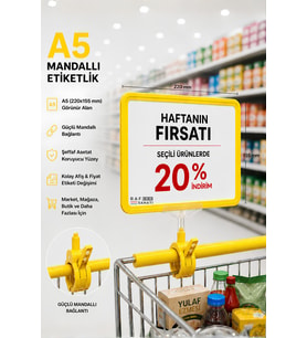 A5 Mandallı Etiketlik Fiyatlık Sepet Raf Askılık Fiyat Etiketi Çerçeveli Market Mağaza Sarı