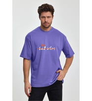 Erkek Oversize %100 Pamuk Bad Vibes Baskılı T-shirt Mor Edw051