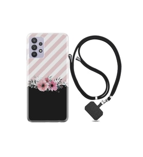 Samsung Galaxy A32 Kılıf Desenli Silikon Ipli Boyun Askılı Strip Pink Flowers 1396